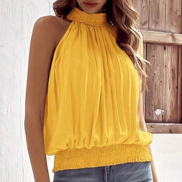 Minimalist Pleated Shirred Hem Halter Tank Top - Picture 4 of 10